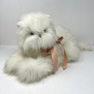 Realistic White Persian Cat Plush 18" Laying Stuffed Animal Kitty Soft Toy Gift